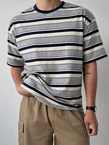 DAZY Camiseta de cuello redondo de manga corta con rayas multicolor para hombres, ropa de verano y vuelta al colegio