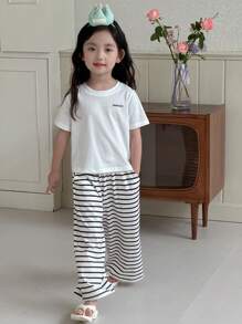 DAZY 2pcs/Set Young Girls Round Neck Loose T-Shirt And Casual Striped Straight Leg Pants,Girls Summer Outfits - Black and White - View 1