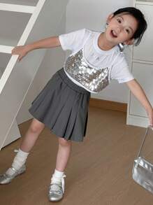 DAZY Set 2 buc/set pentru fete tinere, cu guler rotund și paiete, tricou cu mânecă scurtă și fustă plisată lejeră, ținute de vară pentru fete - Argint - Vizualizare 1