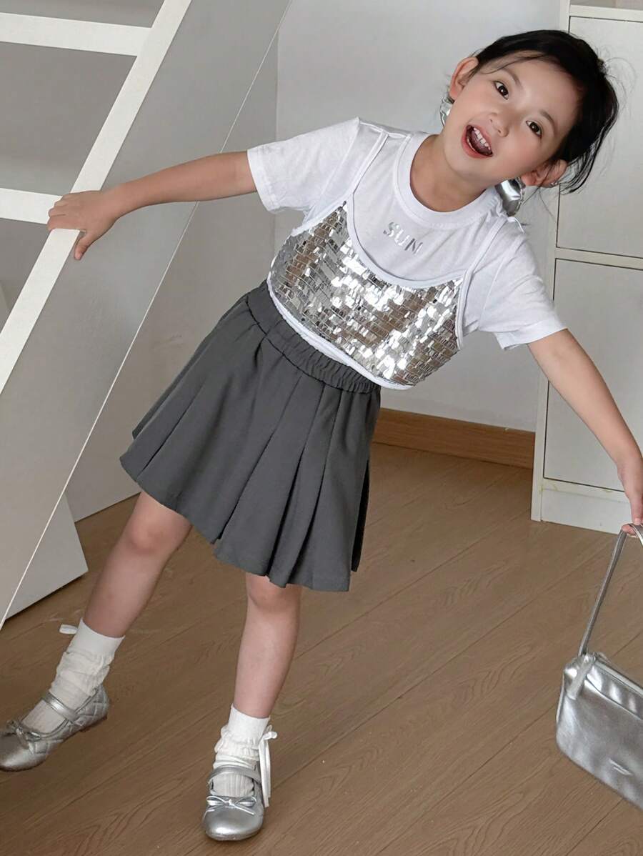 DAZY Set 2 buc/set pentru fete tinere, cu guler rotund și paiete, tricou cu mânecă scurtă și fustă plisată lejeră, ținute de vară pentru fete - Argint - Vizualizare 1
