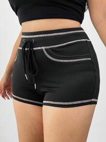 POPSWAY Plus Size Women Comfortable Casual Contrast Color Elastic Biker Shorts, Suitable For Summer - Black - View 5