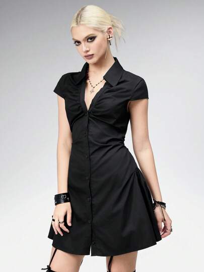 Goth Vintage Dark Gothic Sexy V-Neck Drawstring Waist Shirt Dress