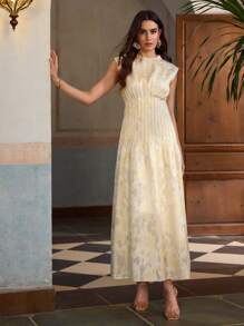 ZEYLAH Elegant Round Neck Pleated Jacquard Long Dress - Beige - View 5