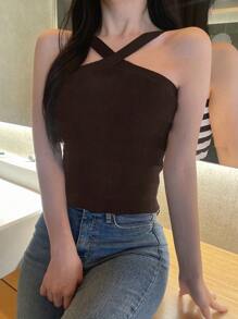 DAZY 女式条纹露背紧身针织上衣，返校服装