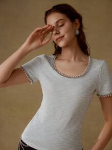 MOTF PREMIUM FAUX PEARL TRIM SHORT SLEEVE T-SHIRT