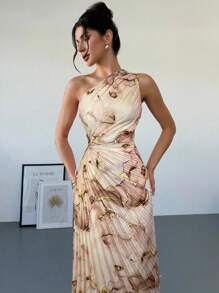 Firerie 新款女式夏季休闲浪漫优雅约会不对称渐变扎染印花腰部镂空荷叶边下摆单肩连衣裙，女式夏季连衣裙 - 卡其色 - 查看 4