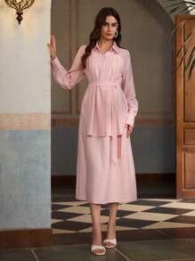 ZEYLAH Vestido camisa de manga larga convertible de lino con cuello