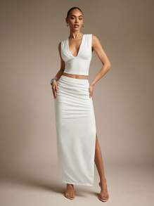 SHEIN Haute 性感夏季休闲褶饰紧身侧开衩裙 - 白色 - 查看 3