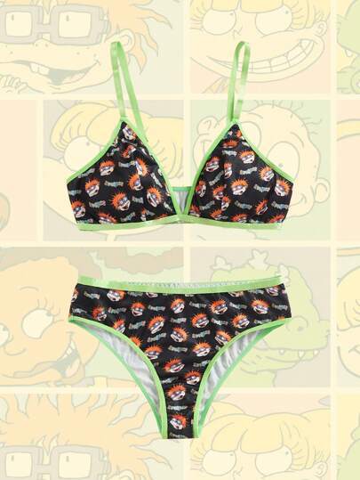 Nick 90's X ROMWE Conjunto de sujetador triangular y tanga triangular a juego con diseño de personajes de dibujos animados, estilo Kawaii