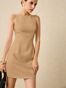 Poéselle Women Solid Color Minimalist Sleeveless Zipper Back Mini Dress - Khaki - View 4