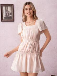 SHEIN Clasi Women's Romantic French Shimmering Cherry Blossom Pink Glossy Textured Square Neck Waist Splice Design Silky Shine Dress - Baby Pink - View 4