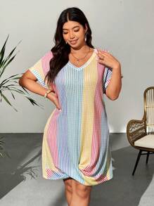 SHEIN Clasi Plus Size Women Contrast Color V-Neck Batwing Short Sleeve Casual Summer Dress - Multicolor - View 5