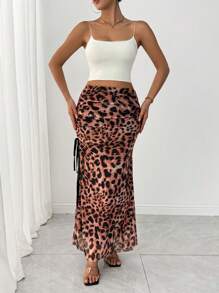Gloray Women's Chiffon Leopard Print Drawstring Slit Elegant Skirt Fall Cloth For Women - Orange - View 2