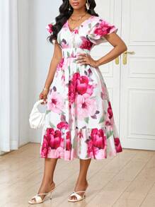 SHEIN Lady Women Summer Floral Printed Ruffle Sleeve Vacation Elegant Short Dress - Pink - View 5