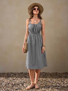 Wildy 夏季美式休闲度假黑白格子无袖连衣裙