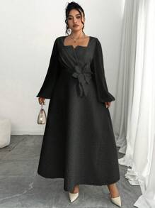 Modelyn 大码女式优雅镂空领口泡泡袖纹理面料连衣裙 - 黑色 - 查看 5