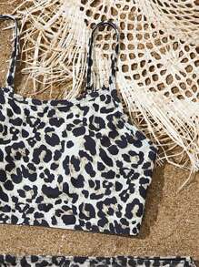 Conjunto de 2 piezas de bikini para niñas preadolescentes con Top e inferior con estampado de leopardo y flores, y tirantes ajustables - Multicolor - Ver 4