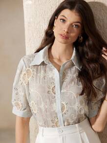 GENKIRA Nouvelle blouse d'été à manches courtes minimaliste avec décor de sequins en organza française brodée, pour le travail - Multicolore - Voir 6