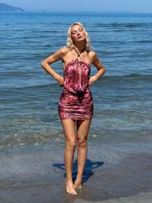 SHEIN ICON Váy ngắn hở lưng in hoa mỏng manh đính kim loại trang trí họa tiết hoa cho nữ, trang phục ngày lễ hở lưng gợi cảm - Nhiều màu - Xem 3