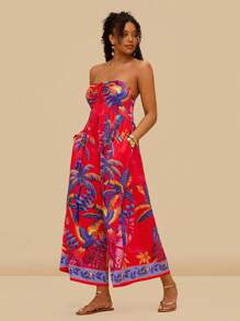 Travachic 大码女式无袖热带红棕榈树和鹦鹉印花连体裤，多种穿着方式，带口袋，休闲度假装，夏季 - 紅色 - 查看 1