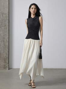 Heiryn Váy dài ngang gối không tay xếp nếp màu khối màu cho nữ, thời trang mùa hè - Đen và trắng - Xem 6