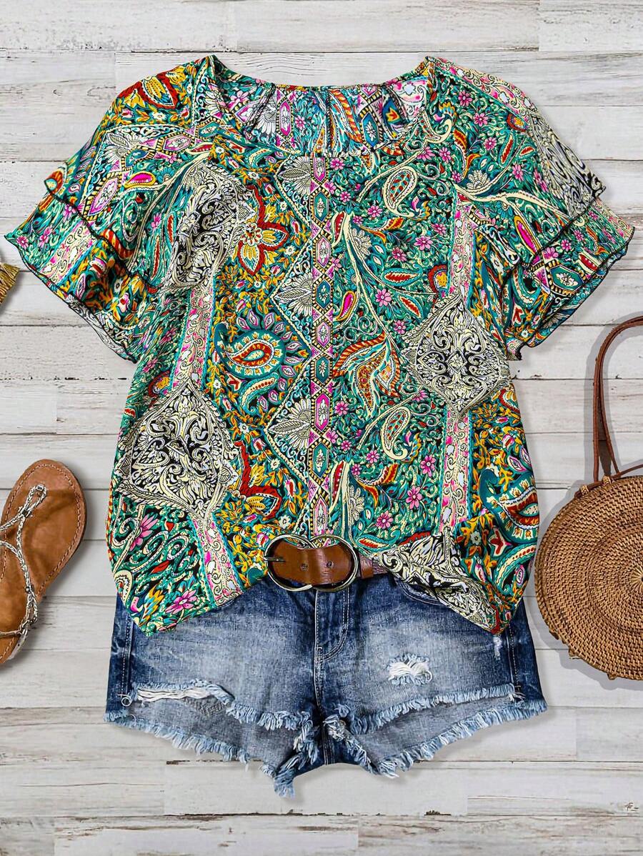 SHEIN LUNE 大码女式荷叶袖花卉印花衬衫 - 彩色 - 查看 1