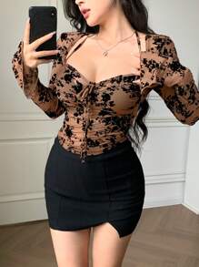 DAZY 1 Áo hai dây buộc rút 2 trong 1 cho nữ, áo thun tay dài in họa tiết thực vật, chất liệu lưới mỏng, mặc đi nghỉ, quần áo mùa thu cho nữ - màu nâu - Xem 8