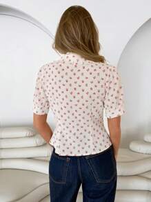 Roylia Peter Pan Collar Ditsy Floral Slimming Versatile New Shirt - Apricot - View 2