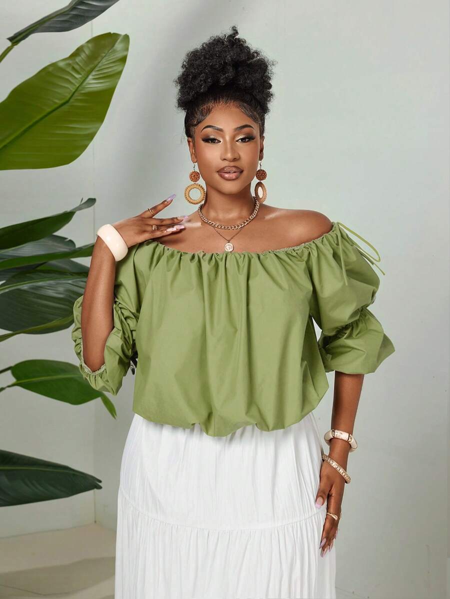 Maweii Camisa sencilla de hombros descubiertos para mujer talla grande - Verde - Ver 1