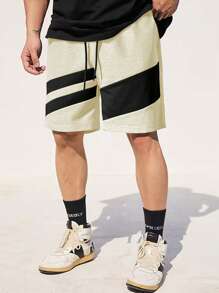 Manfinity Homme Quần short lưng rút kẻ sọc rộng rãi cho nam - Màu Khaki - Xem 1