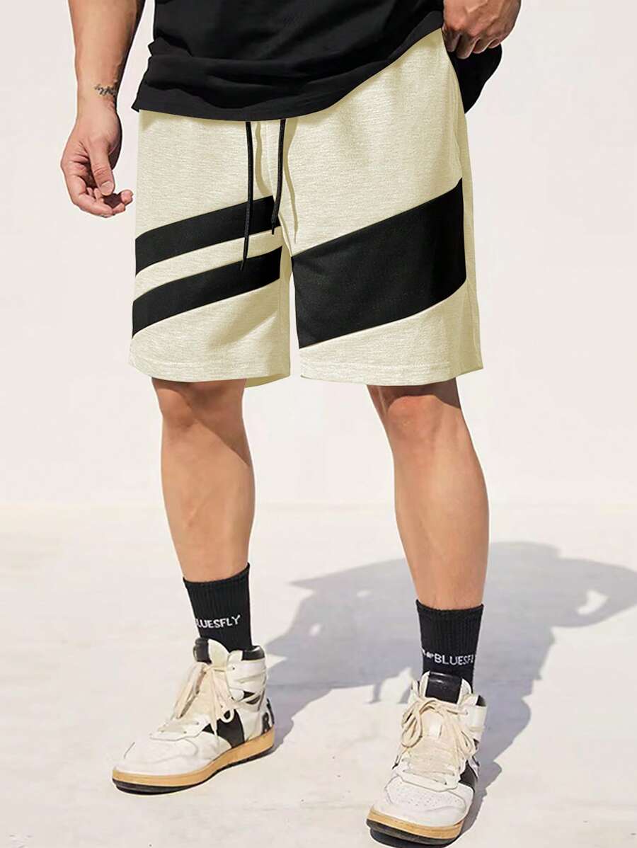 Manfinity Homme Quần short lưng rút kẻ sọc rộng rãi cho nam - Màu Khaki - Xem 1