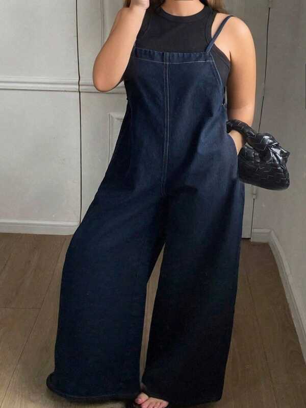 Dazy Plus Plus Size Dark Wash Loose Fit Denim Bib Overall Long Jumpsuit, All Season