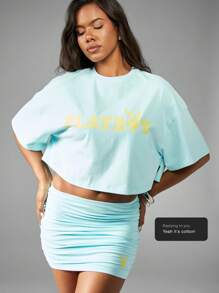 Missguided x Playboy Áo thun cotton tay ngắn mặc dạo phố thể thao giản dị thể thao tập luyện cơ bản thời trang thể thao áo thun lửng siêu mềm mùa hè - Màu xanh nhạt - Xem 8