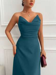 EURMUSE 女式纯色褶饰前襟优雅长裙 - 墨綠色 - 查看 3