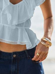 Aralina Ruffle Sleeveless Peplum Summer Vacation Blouse Lace Trim Top - Baby Blue - View 3