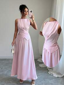 Chiquease 2 件套女士夏季优雅缎面低胸无袖上衣和喇叭中长裙套装，时尚套装 - 粉色 - 查看 1