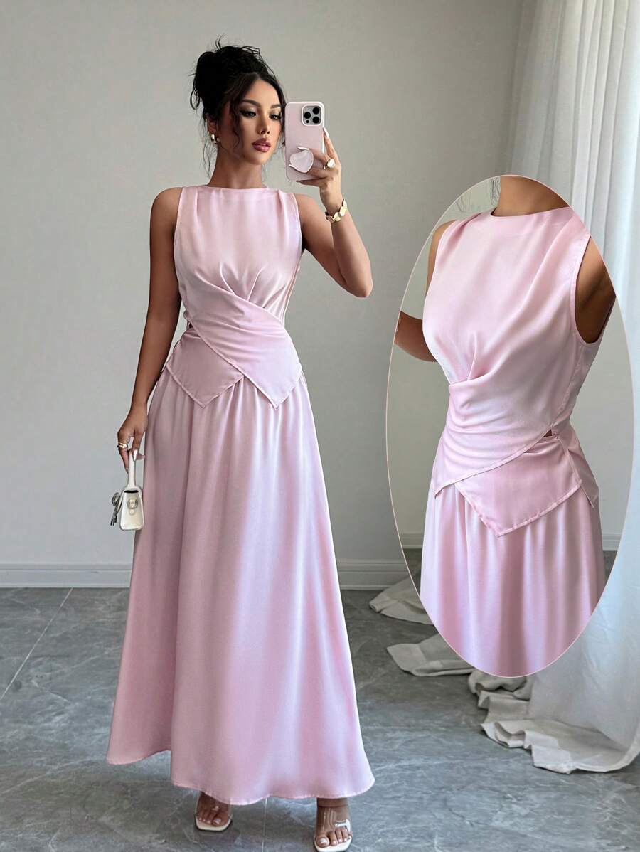 Chiquease 2 件套女士夏季优雅缎面低胸无袖上衣和喇叭中长裙套装，时尚套装 - 粉色 - 查看 1