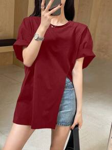DAZY 女士夏季圆领宽松休闲开叉短袖T恤学院风上衣 - 酒紅色 - 查看 6