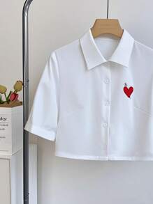 Franclia 女式白色休闲宽松心形刺绣短袖衬衫 - 白色 - 查看 6