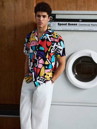 SWAVVY Men Geo Print Colorblock Short Sleeve Button Up Graphic Manga Colorful Shirt