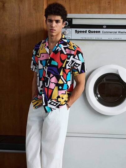 SWAVVY Men Geo Print Colorblock Short Sleeve Button Up Graphic Manga Colorful Shirt, Couple Things