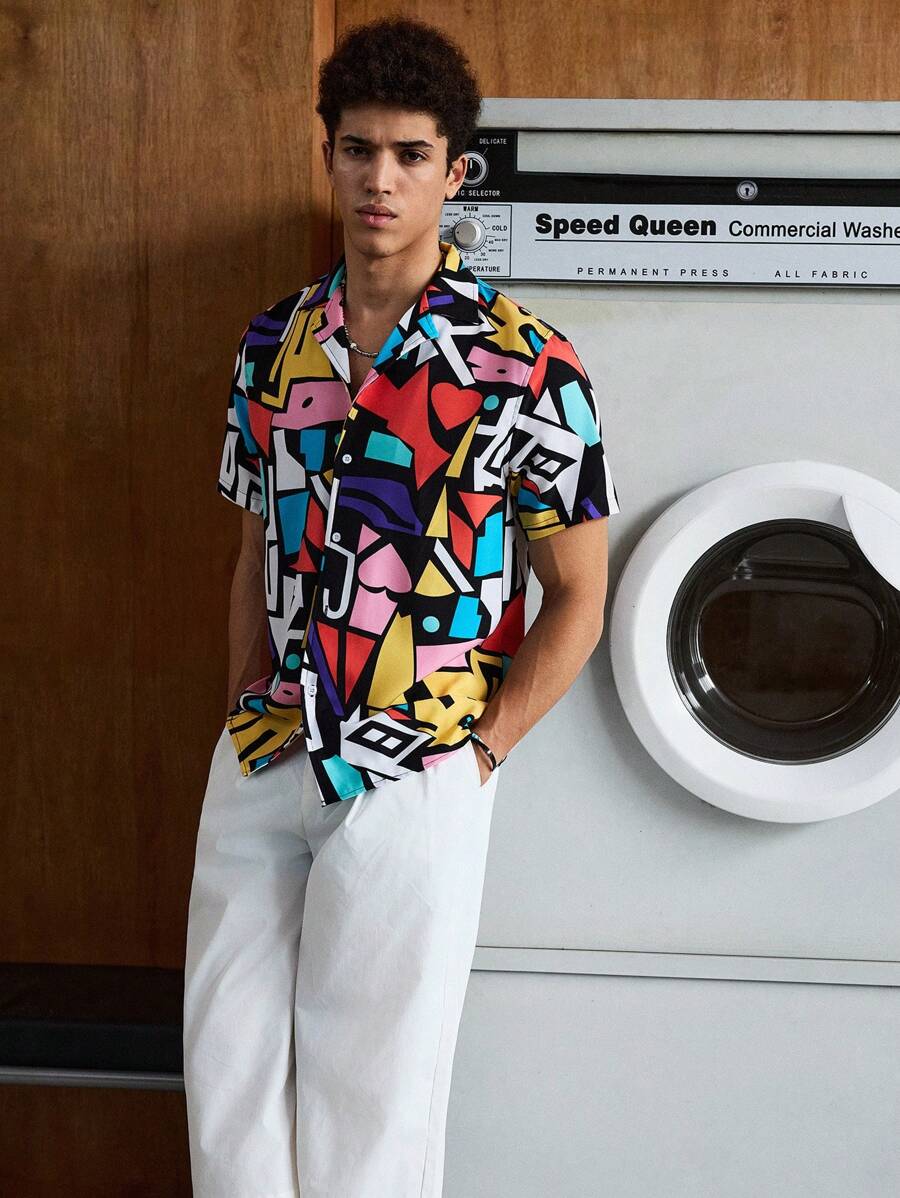 SWAVVY Men Geo Print Colourblock Shirt - Multicolor - View 1