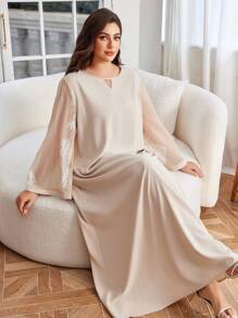 Lacomfia Plus Size Loose Arabic Embroidered Dress - Apricot - View 3