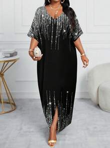 SHEIN Lady Váy dạ hội tay ngắn Kaftan cho mùa xuân và mùa hè, mùa thu và mùa đông, trang phục dự tiệc, đi làm, công sở, nhiều màu sắc, dệt kim, xẻ tà, váy cỡ lớn - màu đen - Xem 1
