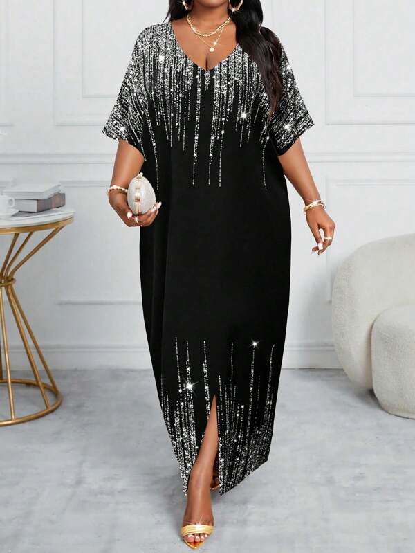 SHEIN Lady Rochie elegantă de seară pentru femei, de vară, toamnă și iarnă, pentru petreceri, naveta la birou, colorată, țesătură, cu crestătură, rochie de bal, mânecă scurtă, Kaftan, rochii de mărime Plus