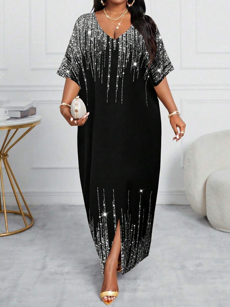 SHEIN Lady Váy dạ hội tay ngắn Kaftan cho mùa xuân và mùa hè, mùa thu và mùa đông, trang phục dự tiệc, đi làm, công sở, nhiều màu sắc, dệt kim, xẻ tà, váy cỡ lớn - màu đen - Xem 1