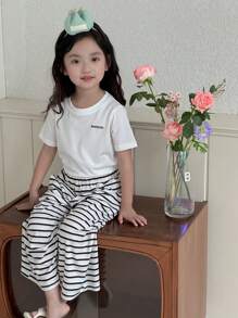 DAZY 2pcs/Set Young Girls Round Neck Loose T-Shirt And Casual Striped Straight Leg Pants,Girls Summer Outfits - Black and White - View 5