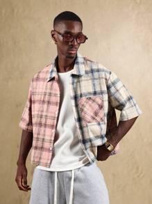 SUMWON Camisa informal de manga corta y dos tonos en estilo de bloques de color a cuadros con botones, para uso casual en primavera y verano, de tela ligera
