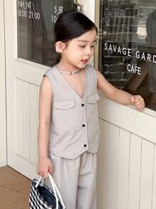 SHEIN Little Byeori Casual Khaki Vest And Pants Set For Young Girls - Grey - View 4