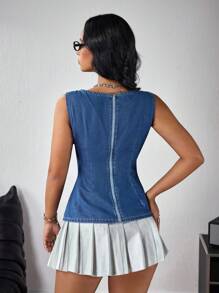 SHEIN ICON 女式夏季圆领无袖纽扣设计时尚牛仔衬衫